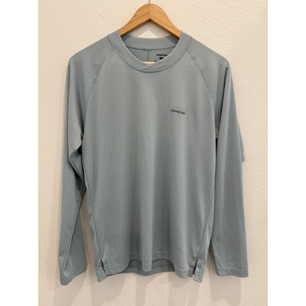 Patagonia Mens Small Blue Green V-Neck Crew Pullover Logo Everyday Long Sleeve